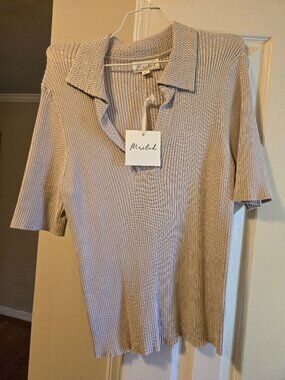 Marled XL cotton knit short sleeve sweater, very classy & expensive looking, NWT